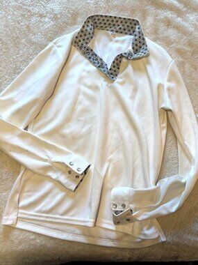 White Long-Sleeve Polo Top with Printed Collar